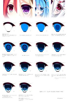 an anime character's eyes with different colors