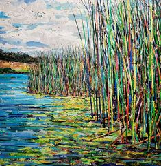 a painting of reeds in the water with clouds above them and blue sky behind it