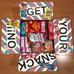 two boxes with candy and candies on them that say get your own's