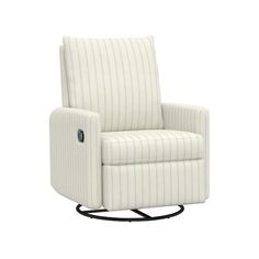 a white chair with black legs and a striped upholstered armrest, on a white background