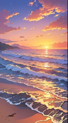 a painting of the sun setting over the ocean