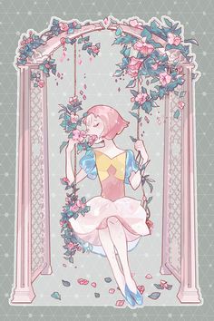 a drawing of a woman sitting on a swing with flowers and leaves around her neck