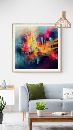 Abstract artwork of a bustling cityscape with glowing lights, geometric shapes, and radiant colors, showcasing urban vibrancy and energy. Abstract Cityscape, Urban Life, Neon Lighting, Geometric Shapes