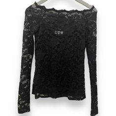 Black Lace All Over Long Sleeve Off The Shoulders Double Lined Mid Section Black Lace Long Sleeve Top, Lace Off The Shoulder Top, Navy Short Sleeve Tops, Twofer Sweater, Satin Wrap Top, Outfits Jewelry, Paranoid Android, Black Lace Shirt, Lace Long Sleeve Shirt