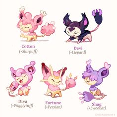 the different types of pokemon characters are shown in this cartoon character drawing style, which includes various