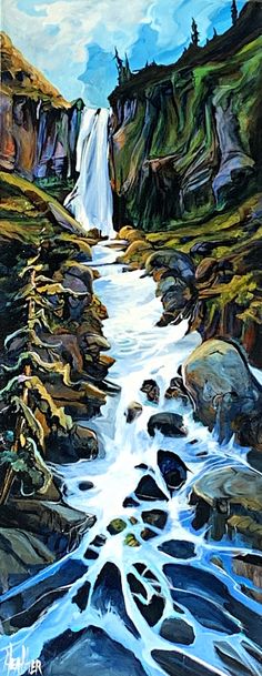 a painting of a waterfall in the mountains