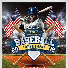 baseball tournament flyer with an american flag and batter