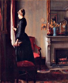 a painting of a woman sitting in front of a fireplace