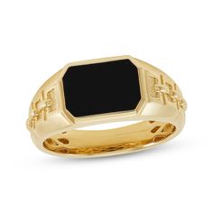 This black onyx signet ring is a sleek and modern gift. 10K yellow gold An emerald-cut black onyx centers the octagonal signet styleChain links are sculpted along the tapered shank Gold Layered Bracelets, Neil Lane Engagement Rings, Pearl Diamond Jewelry, Onyx Signet Ring, Cross Jewelry Necklace, Fan Jewelry, Bezel Engagement Ring, Diamond Wedding Rings Sets, Chain Pattern