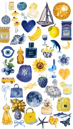 watercolor painting of various items from different countries and colors, such as sunflowers,