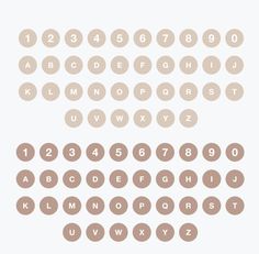 the letters and numbers are arranged in circles on a white background, with brown dots