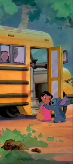 an animated image of two children in front of a school bus with the door open