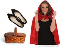 a woman in black dress and red cape next to basket with shoes on it,