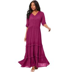 This tiered maxi is crafted from crinkle crepe with lace detailing at the V-neckline, sleeves and tiers. This breezy dress has a tie-back detail that lends to its boho feel. Breezy Dress, Career Dress, Current Fashion Trends, Lace Maxi Dress, Dress Suits, Active Wear Tops, Plus Size Dresses, Plus Size Fashion, Jumpsuit Dress