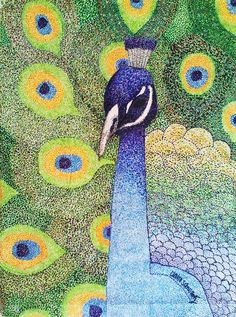 a painting of a peacock with its feathers spread out