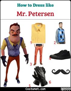 the costume guide for how to dress like mr petersen from toy story book,