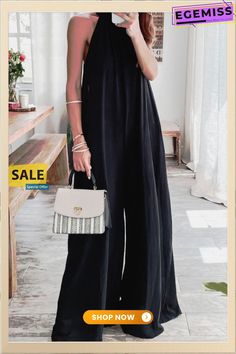 Fashion Casual Solid Without Belt Halter Boot Cut Jumpsuits Black Jumpsuits And Rompers For Spring Day Out, Black Jumpsuits And Rompers For Day Out In Spring, Spring Jumpsuits And Rompers, Casual Jumpsuits And Rompers For Party, Casual Black Jumpsuits And Rompers For Spring, Casual Solid Color Party Jumpsuits And Rompers, Casual Party Jumpsuits And Rompers, Black Jumpsuits And Rompers For Spring Vacation, Casual Solid Color Jumpsuit For Party