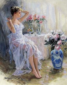 a painting of a woman sitting at a table next to a vase with flowers in it