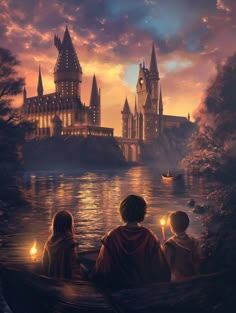 three people in a rowboat on the water with hogwart's castle in the background