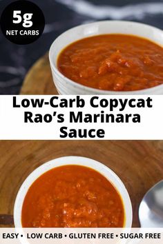 two bowls of low carb copycat raq's marinara sauce on a cutting board