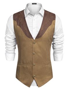 PRICES MAY VARY. HIGH QUALITY-This Men's Cowhide Suede Vest ,high quality fabric blend made; Soft, elastic resistant washing and durability. DESIGN- Men's Leather Vest ,Authentic western style leather vest, with well make, design perfect details ,front have four Button Closures and two real welt pockets. This Suede Satin Vest ,suitable for work,party,ball,wedding,date,daily look ，rider......from working the ranch to working a cocktail party! Men's waistcoat vest can match with dress shirt, jacke Western Wedding Mens Attire, Suede Vest Outfit, Wedding Mens Attire, Mens Western Style, Mens Western Wear, Western Vest, Victorian Age, Mens Waistcoat, Mens Western