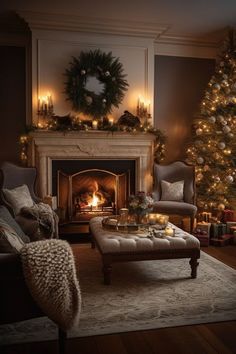 a living room filled with furniture and a fire place under a christmas tree in front of a fireplace