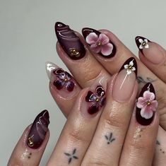 Gothic Floral Nails, Black Orchid Nails, Orchid Nails Square, Spider Lily Nails, Orchid Nail Designs, Fairy Acrylic Nails, Princess Nails Aesthetic, Plum Nails With Design, Japanese Inspired Nails