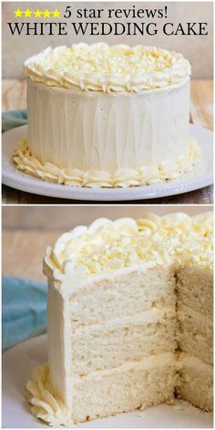 two pictures of a white wedding cake with one slice cut out and the other half eaten