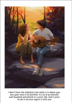 a painting of a man playing the guitar to a woman sitting on a rock with trees in the background