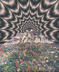 an abstract image with flowers and mountains in the background