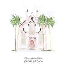 a drawing of a pink church with palm trees