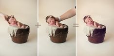 two pictures of a baby in a bucket