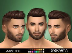 three male avatars with different colored hair and beards for the simse man