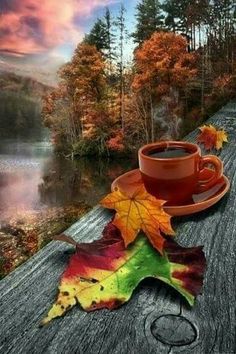 a cup of coffee sitting on top of a wooden table next to autumn leaves and an orange leaf