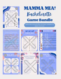 the mamma mia bachelor game bundle is shown in blue and white with flowers on it