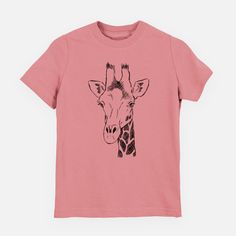 a pink t - shirt with a giraffe drawn on it's chest