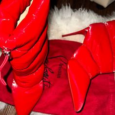 - [ ] Red Puffy Red Stilettos Christian Loubs Boots 38 1/2 Authentic Red Bottom Boots, Red Stilettos, Red Bottom, Fancy Shoes, Red Bottoms, Louboutin Shoes, Christian Louboutin Shoes, Bootie Boots, Christian Louboutin