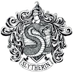 a black and white drawing of a snake on a shield with the words, slythern