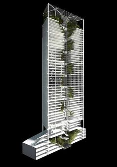 a tall building with lots of windows and plants growing on the top of it's sides