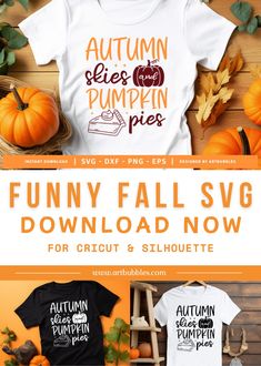 the fall svg bundle includes two t - shirts, and an autumn pumpkin pie