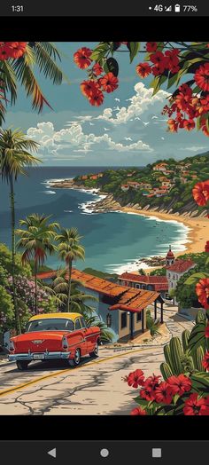 an image of a car driving down the road by the ocean with flowers and palm trees