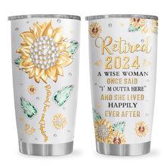 two white and gold tumblers with the words, retired 2012 and a sunflower on them