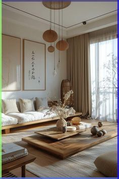 a living room filled with lots of furniture next to a large glass window and wooden table