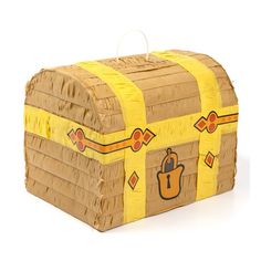 a cardboard box with an image of a purse on the front and side, made to look like a pirate's chest