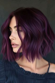 42  Stunning Midnight Purple Hair Ideas Amethyst Chrome Hair Color, Short Purple Hair With Bangs, Black And Purple Hair Short, Dark Purple Ombre Hair, Short Hair Color Trend 2024, Midnight Purple