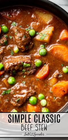 closeup of stew with text overlay that reads simple classic beef stew Simple Beef Stew Recipe, Easy Beef Stew Stove Top, Vegetarian Beef Stew, Stew Recipes Stove Top, Beef Stew Stove, Simple Beef Stew, Traditional Beef Stew Recipe, Quick Beef Stew