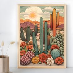 a painting of cactuses and succulents in front of a desert sunset