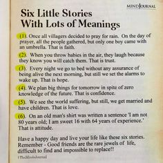 an open book with the text six little stories with lots of meaningss on it