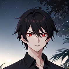 an anime character with red eyes and black hair, standing in front of palm trees