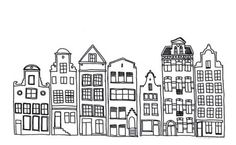 a black and white drawing of some buildings in the city with windows on each side